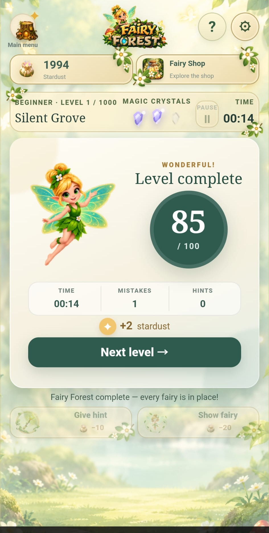 Fairy Forest level complete screen