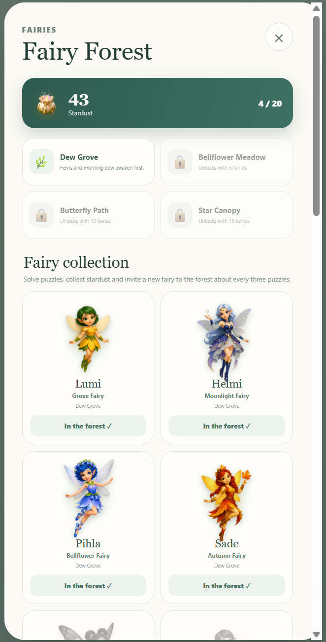 Fairy Forest collection screen