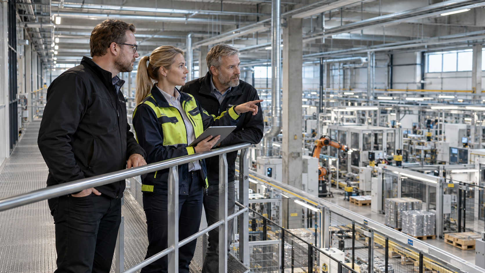 Industrial experts reviewing a modern production facility together