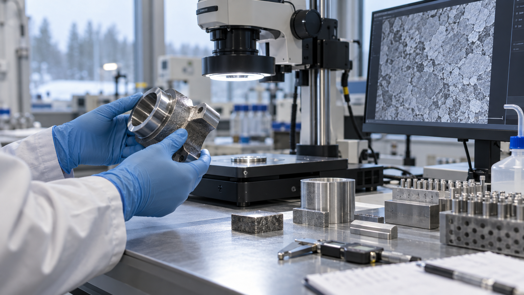 Technical specialist inspecting a manufactured metal component